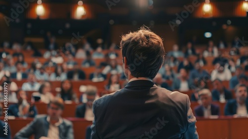 Rear view of people in the audience listening at the conference room Speakers lecture in a conference room at a business event. There are women and men. Generated AI