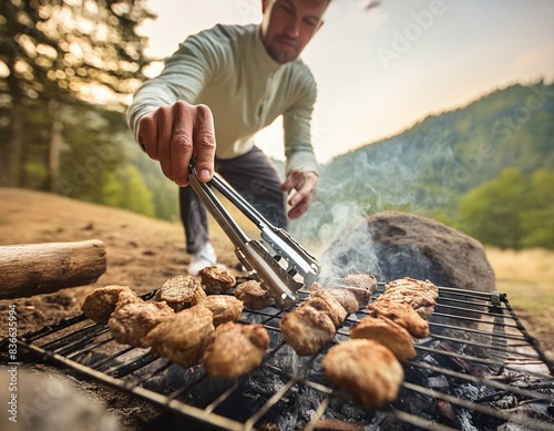 Primer plano de un cocinero asando comida sobre una hoguera