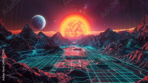 Retro futuristic background 1980s style Digital landscape in a cyber world Retro Wave music album cover template with sun space mountains and laser grid on terrain