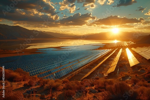 Sunset over expansive solar panel farm in desert landscape with reflective lake and dramatic mountain backdrop under partially cloudy skysolar panels