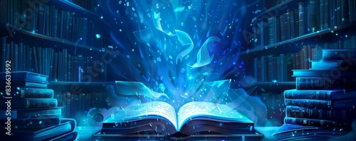 A blue background with an open book and glowing pages floating in the air