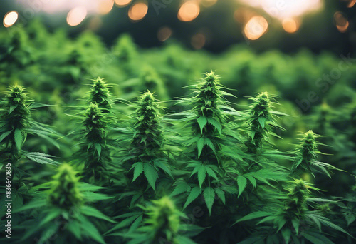 Close-up with a marijuana plantation. Many green cannabis plants