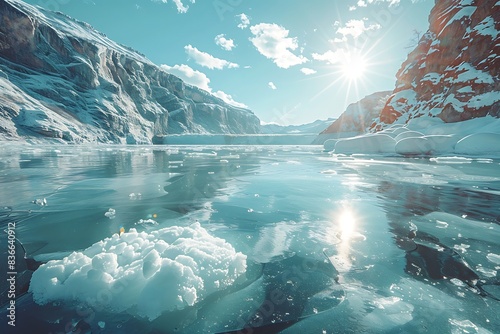 melting ice on the lake with sun view