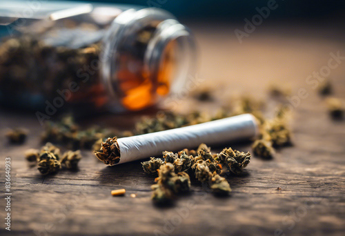 Close-up with cannabis buds and a cigarette