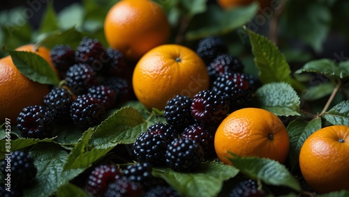 A table laden with oranges and blackberries atop verdant leaves Oranges aligned next to each other.