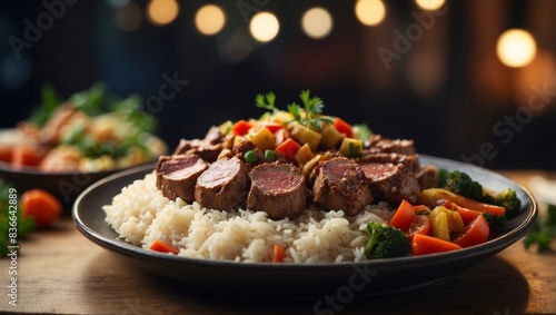 A photo of a plate of food with meat on top of rice and vegetables.