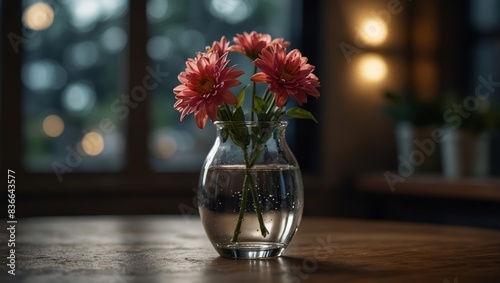 A clear photo of a single flower in a vase on a well-lit table with a pleasing bokeh effect in the background.