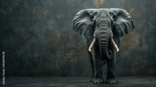A majestic elephant stands tall, its large ears and tusks prominent, against a dark, textured backdrop.