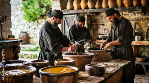 Orthodox monks working in a traditional olive oil workshop