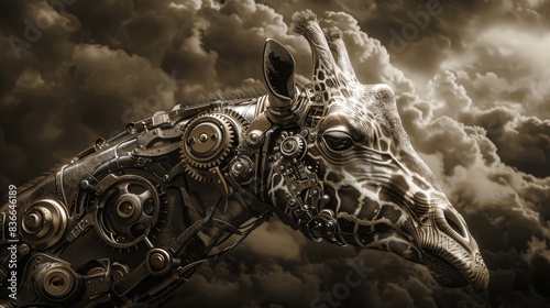 A robotic giraffe, made of gears and metal, stands against a stormy sky.