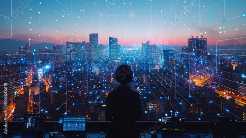 A cityscape overlaid with digital grids and smart sensors, illustrating the integration of smart technology in urban environments. Minimal and Simple,