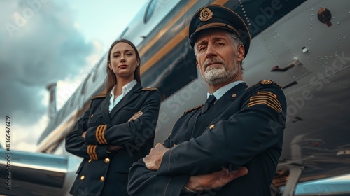 Confident Pilot and Co-Pilot Standing Firmly in Front of Their Airplane