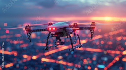 A futuristic drone flying over a digital landscape, representing advancements in unmanned aerial technology. Minimal and Simple,