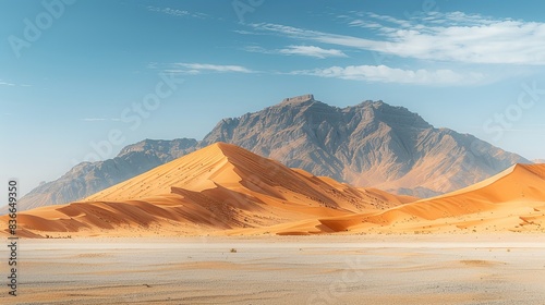A vast desert landscape with towering sand dunes and a clear blue sky, emphasizing the stark beauty of arid environments. Minimal and Simple,
