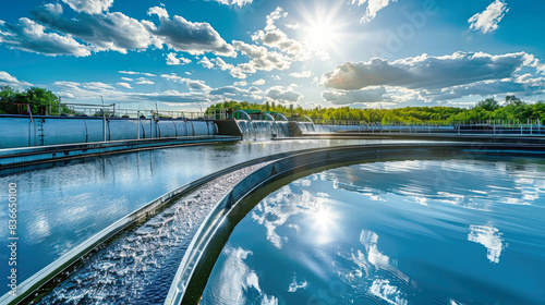 A water treatment plant under a captivating blue sky and fluffy clouds, diligently cleaning drains for a sustainable ecology