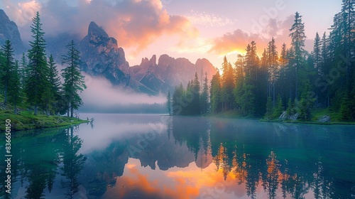 A tranquil lake surrounded by towering pine trees and mist rising from the water at dawn, capturing the peace of early morning. Minimal and Simple,
