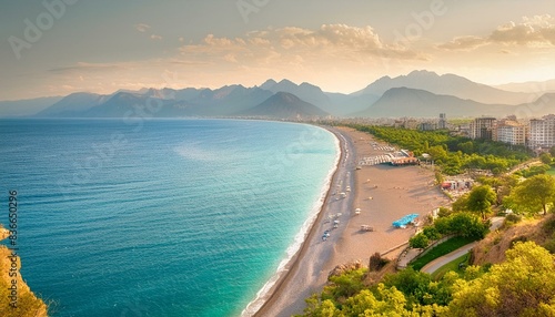 beautiful wide panorama of beach in Turkish resort Antalya. White line surf separates calm turquoise sea and Konyaalti beach with green parks and chain mountains in rays of evening sun at sunset