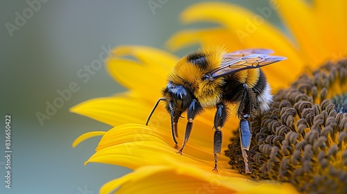 A close-up of a bee collecting nectar from a sunflower, illustrating the vital role of pollinators in nature. Minimal and Simple,