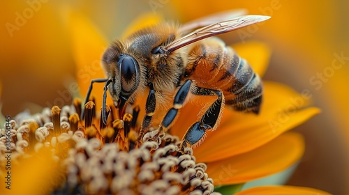 A close-up of a bee collecting nectar from a sunflower, illustrating the vital role of pollinators in nature. Minimal and Simple,