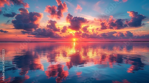 A panoramic view of a vibrant sunset over a calm lake, with reflections of the colorful sky in the water. Minimal and Simple,