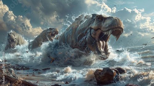 A rocky beach with powerful waves transforming into prehistoric creatures like dinosaurs, mammoths, and saber-tooth tigers