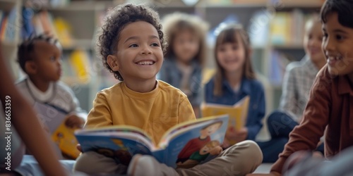 A group of children sitting on the floor, smiling and reading books together in an early childhood education center