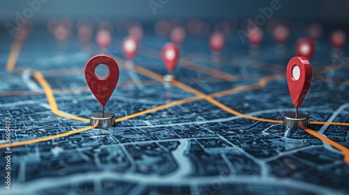 Business Location: A 3D vector illustration of a map with pins marking the locations