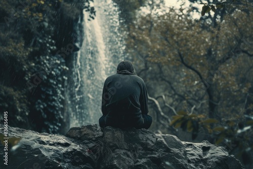 Man sitting on a rock looking at a waterfall