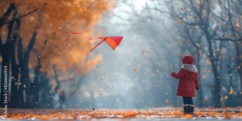 Mädchen in einem roten Mantel lässt im Park einen Drachen steigen