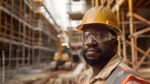 Black man worker wearing hearing protection and glasses at construction site, smiling promoting safety and positivity in the workplace with using PPE