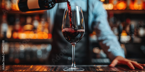 Barman pouring red wine into a glass