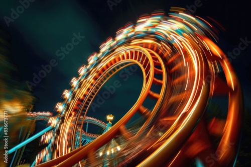 Brightly lit roller coaster at night with motion blurry