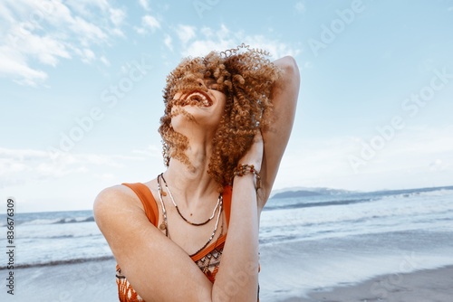 Beach Woman: Smiling Traveler in Hippie Lifestyle, Embracing Freedom and Nature