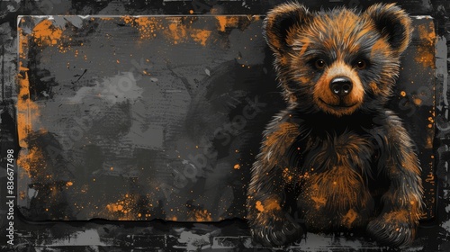 Illustration of warning slogan with bear doll in black spay painted border