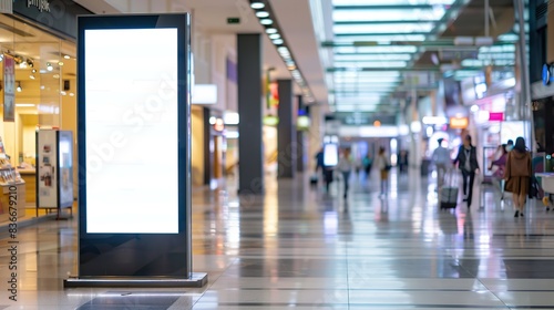 Blank advertising billboard in shopping center. The mall has several visitors on a blurred background