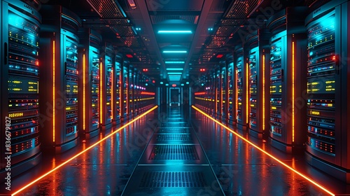 High-tech server room with rows of servers and glowing lights, highlighting the importance of data storage and management. Minimal and Simple,
