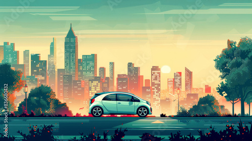 Minimalist vector scene of a hybrid vehicle driving through a bustling urban landscape, showcasing the benefits of hybrid technology and sustainable transportation solutions. The design features