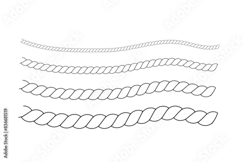 Repeating rope set. Seamless hemp cord line collection. Outline chain, braid, plait stripe bundle. Horizontal decorative plait pattern. Vector marine twine design elements for banner, poster, frame 