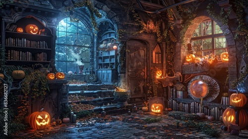Halloween vibes materialize in a spooky room: doors, bubbling cauldron, Jack-o'-lanterns, potions, creaky stairs, and eerie windows create captivating backdrops.