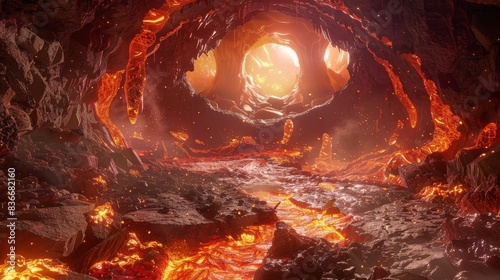 Hellish Fantasy Cave Landscape with Molten Magma and Rocky Terrain