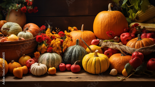 Piles of pumpkins, apples, squash, and other autumn produce background, Photo shot, Natural light day