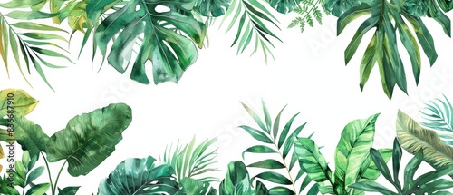 Tropical foliage including painted leaves and vines on a white background 