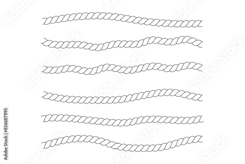 Rope wave set. Repeating hemp cord line collection. Waving chain, braid, plait stripe bundle. Seamless decorative plait pattern. Vector marine twine design elements for banner, poster, frame