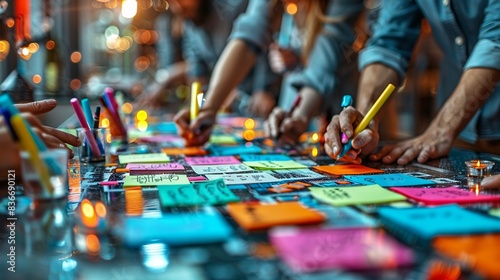 A brainstorming session with sticky notes and colorful markers, team members actively participating and contributing ideas, showcasing creative collaboration. Minimal and Simple,