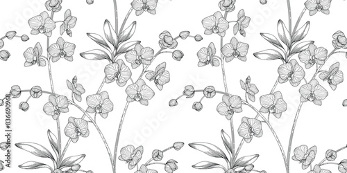 orchid floral pattern black and white illustration