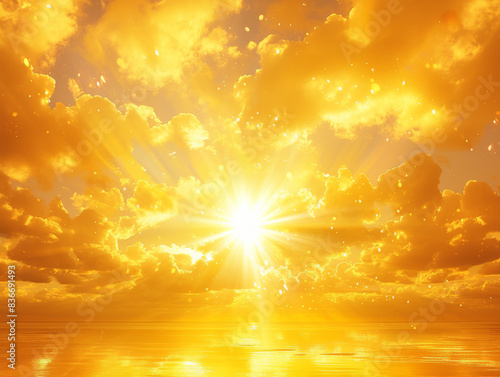 Radiant sunset with golden clouds and sunlight rays