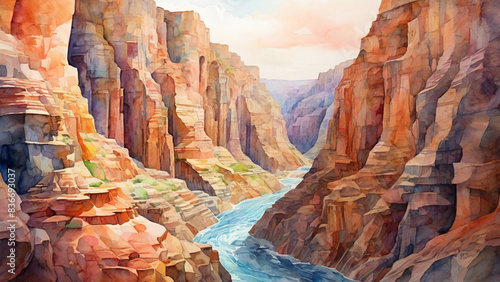 Watercolor painting: An awe-inspiring canyon carved by a mighty river over millennia, its colorful, layered walls telling the story of Earth's ancient history,