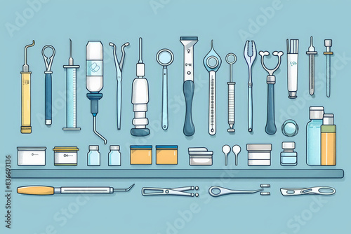 Simplified vector artwork of various veterinary tools neatly arranged on a table, emphasizing the essential equipment used in animal healthcare with clean lines and a minimal color scheme