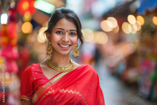 portrait of an elegant young Indian woman in traditional attire, beaming at the camera. Dressed in a red saree and gold jewelry, she exudes cultural beauty. The blurred background