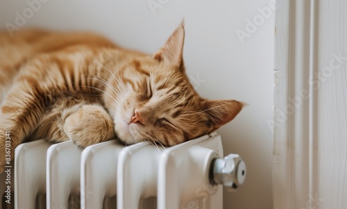 Cute ginger cat sleeping on a white radiator. Home comfort, heating concept